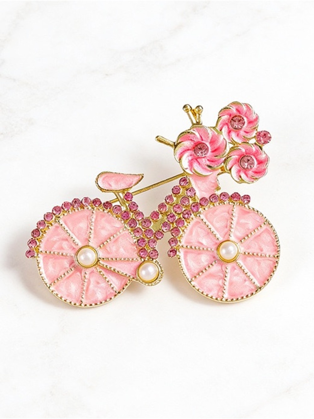 Pink Floral Bicycle Brooch Pin – Rhinestone Crystal Enamel Bike Lapel Pin